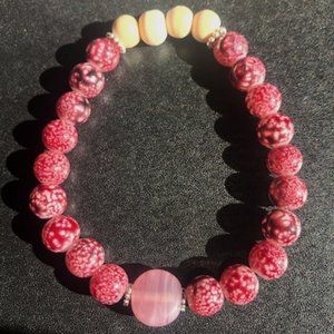 Marbled pink glass gem and acid wash bead bracelet